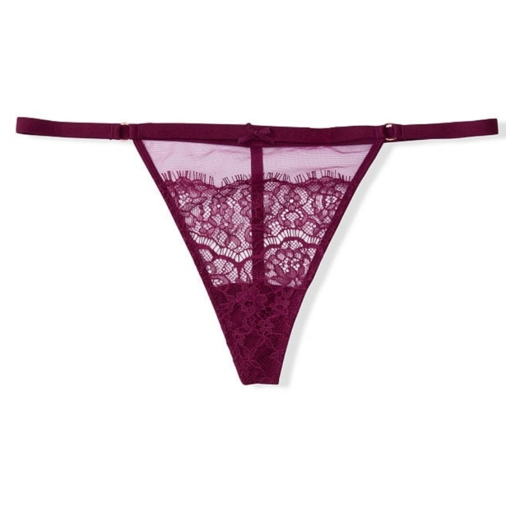 DREAM ANGELS Mesh and Lace V-String Panty Maroon Large NWT